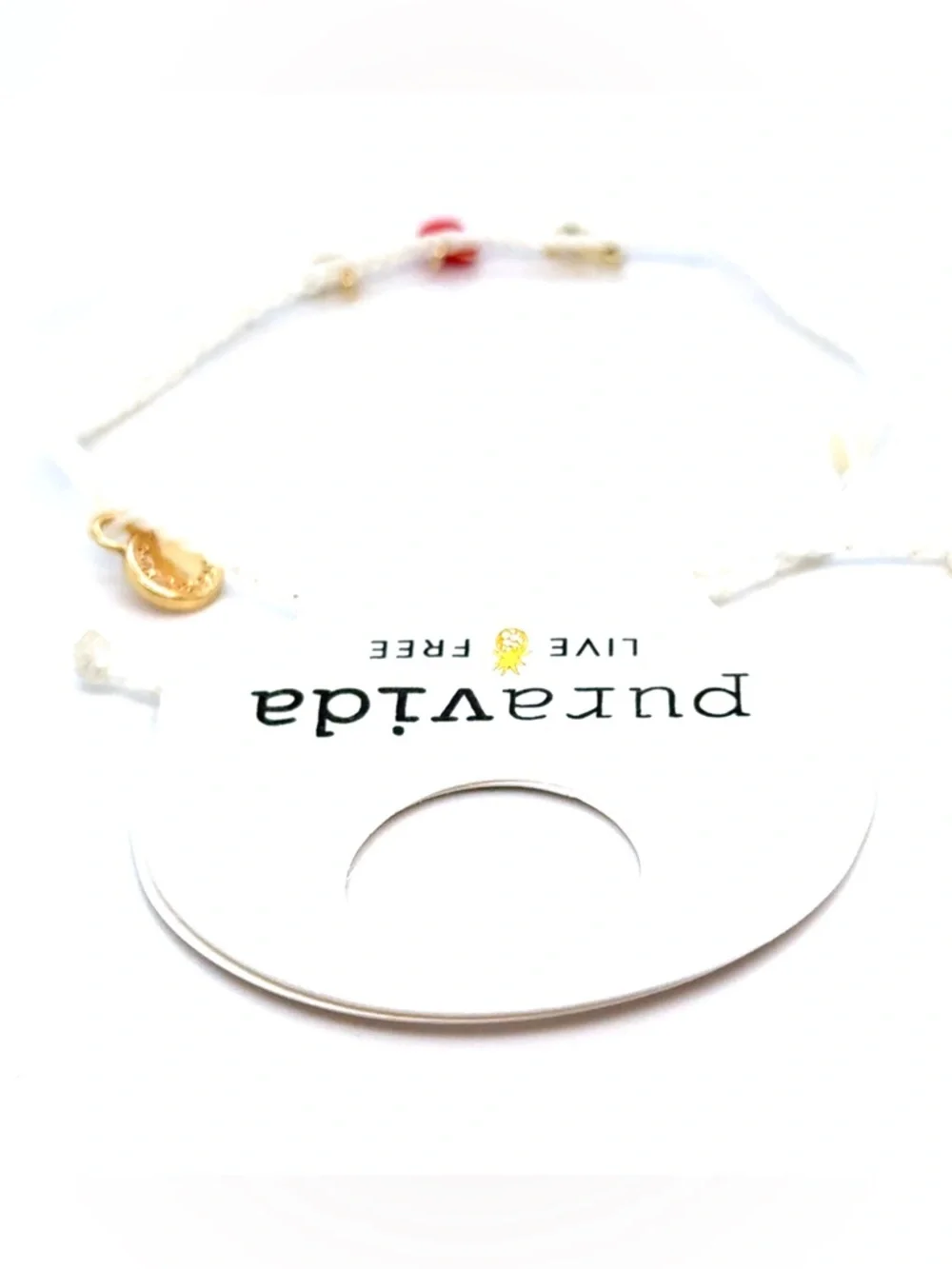 Pura Vida White Braided Bracelet with‎ Red Heart and Gold Charms